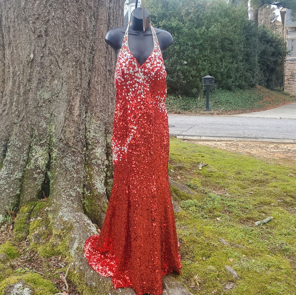 Party Time Formals Red Sequin Halter Gown